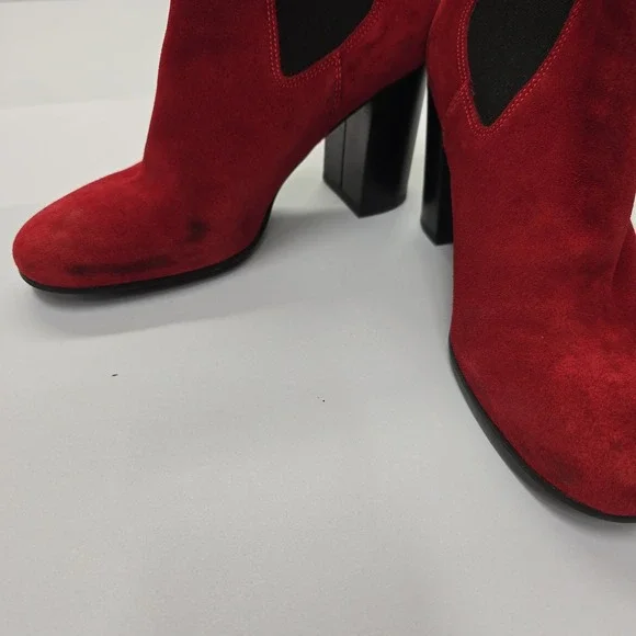 Barneys New York Red Suede Chelsea Ankle Boots Block Heel Made in Italy Size 39 - Picture 3 of 7